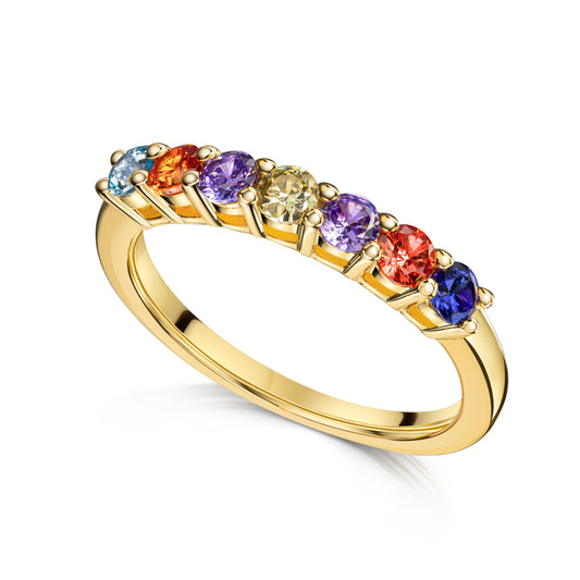 Damesring met 7 kleurrijke Zirkonia Sterling Zilver 925/000 goud verguld