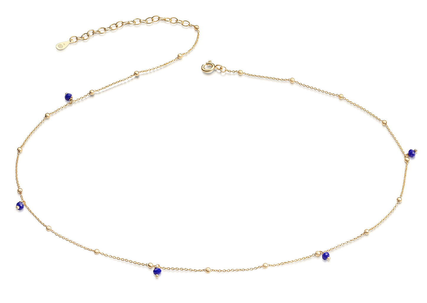 (8071) Halsketting met 5 Blauwe gefacetteerde steentjes Zilver goud verguld