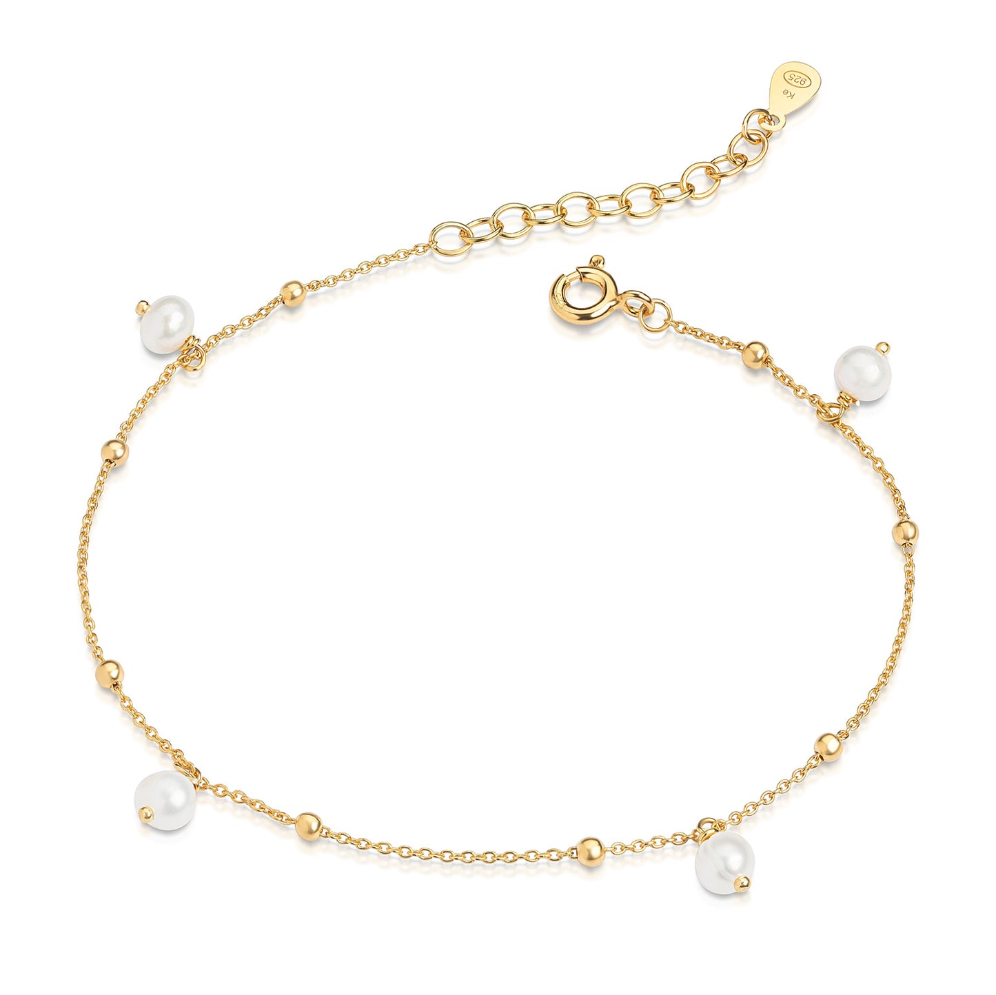 Bracelet avec quatre perles d'eau douce de 4,5 mm en argent sterling 925/000 plaqué or