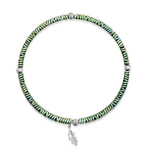 Bracelet Hématite avec Plume et quatre Boules 4 mm Argent Sterling 925/000