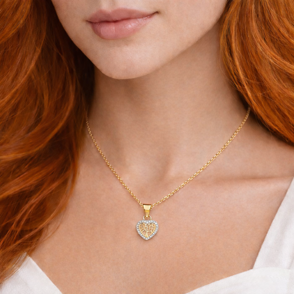 (51434) Halsketting hart/levensboom hanger 26 zirkonia Sterling Zilver 925/000 goud verguld