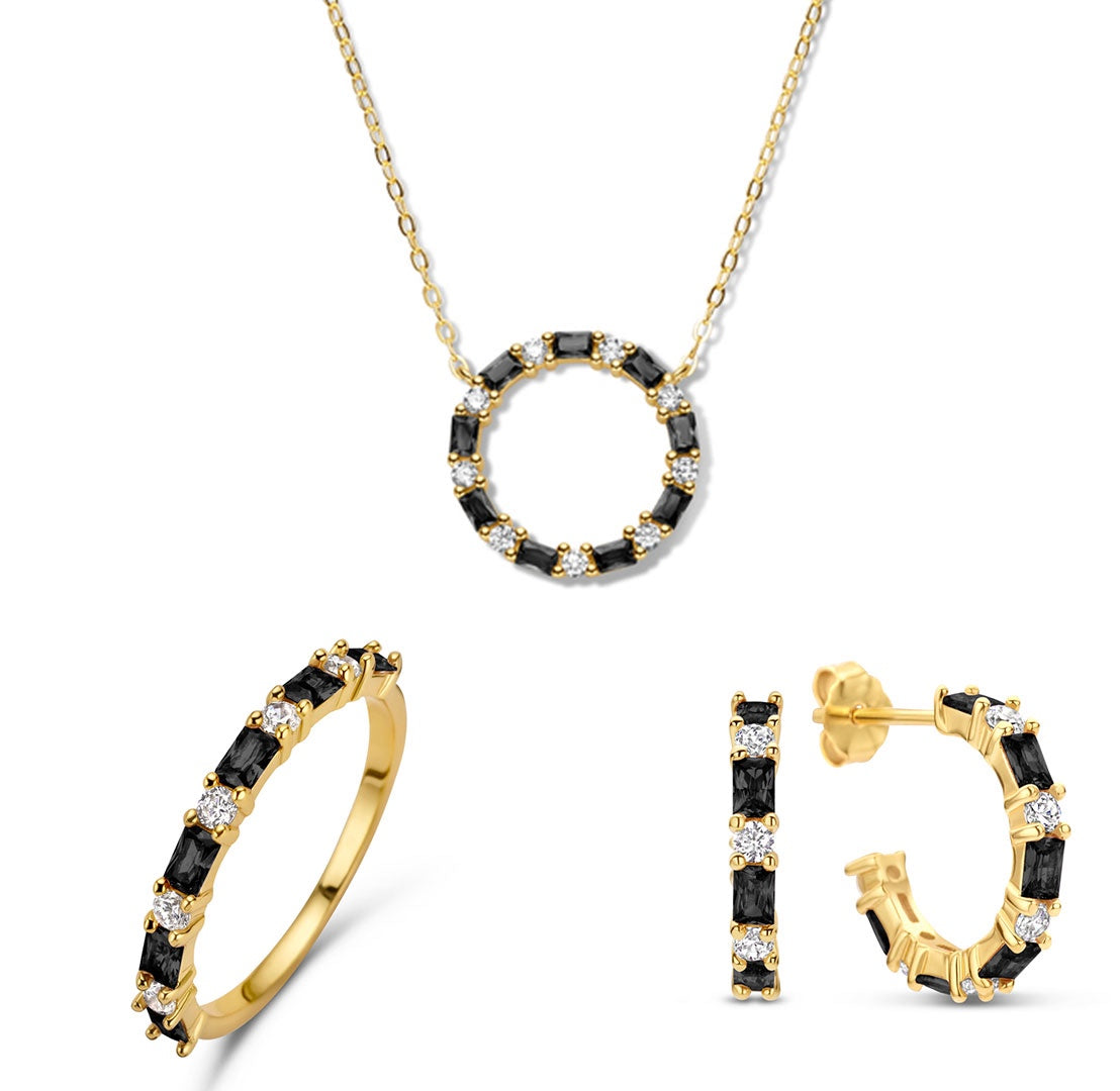 Damesring 11 Zirkonia wit/zwart Sterling Zilver 925/000 goud verguld