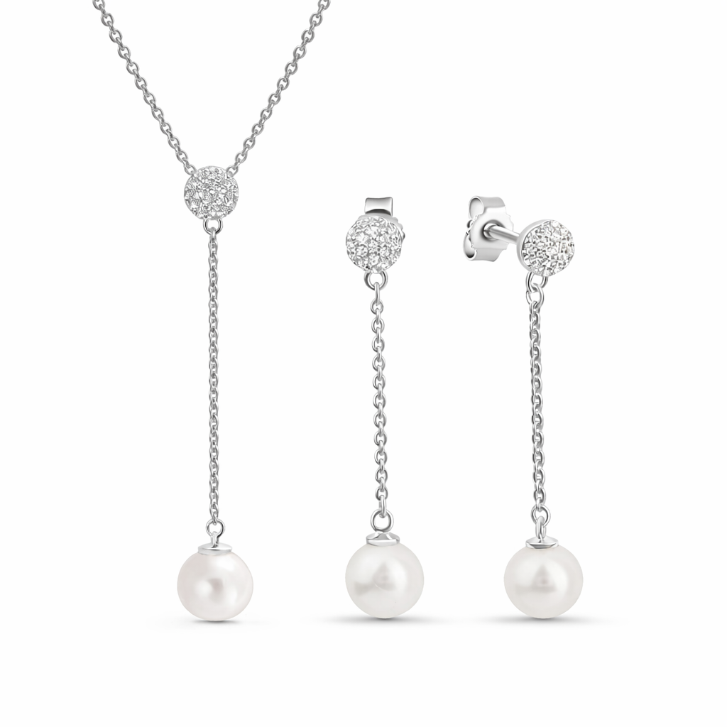 (54324) Boucles d'oreilles puces avec perle d'eau douce 6-6,5 mm et 38 zirconias Argent sterling 925/000